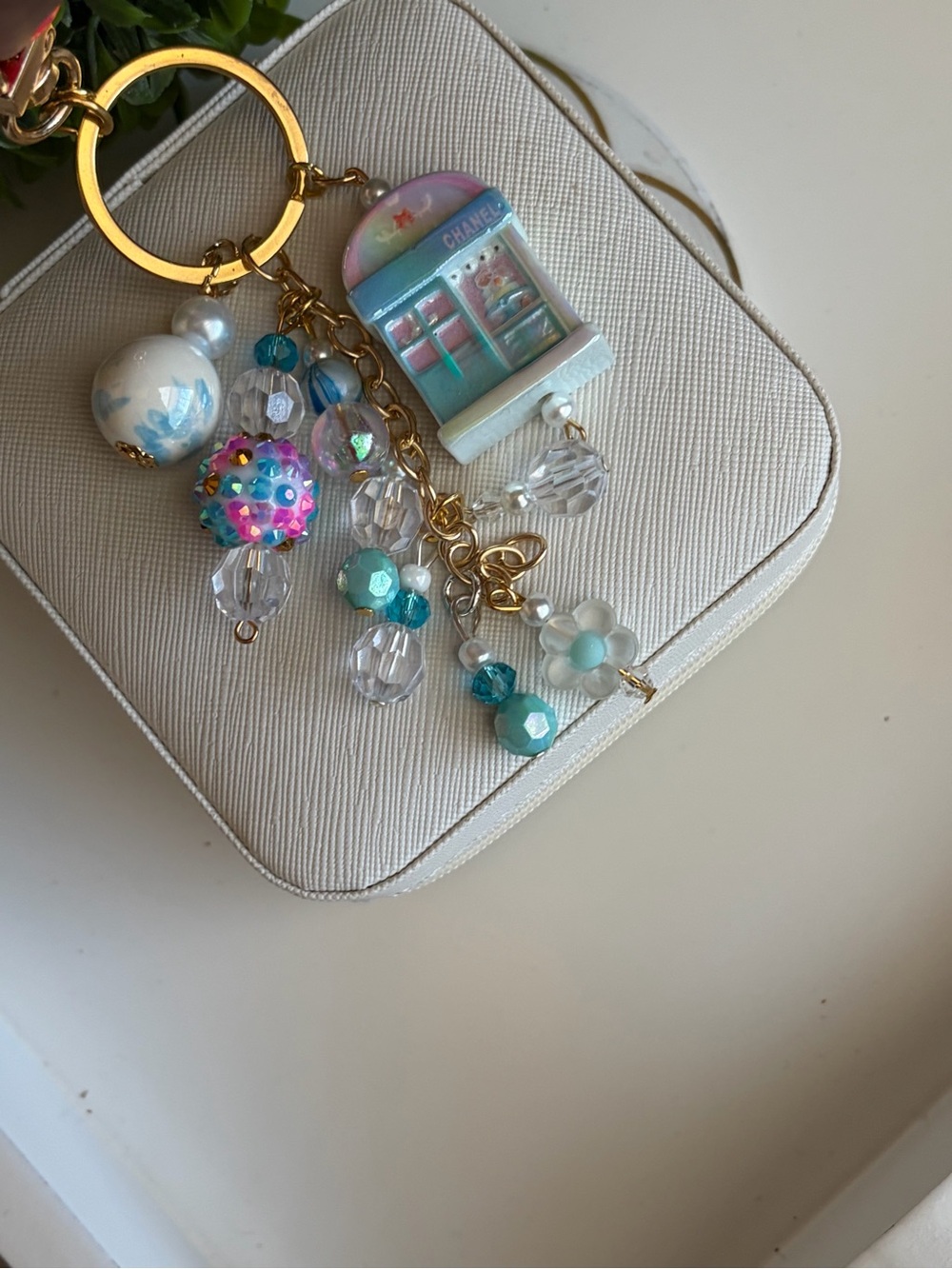 Iridescent Seafoam Charm Keychain with Aqua Beads